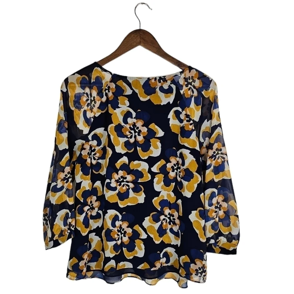 Cabi Floral Chiffon Lydia Blouse Blue Yellow White Size M - Picture 3 of 10